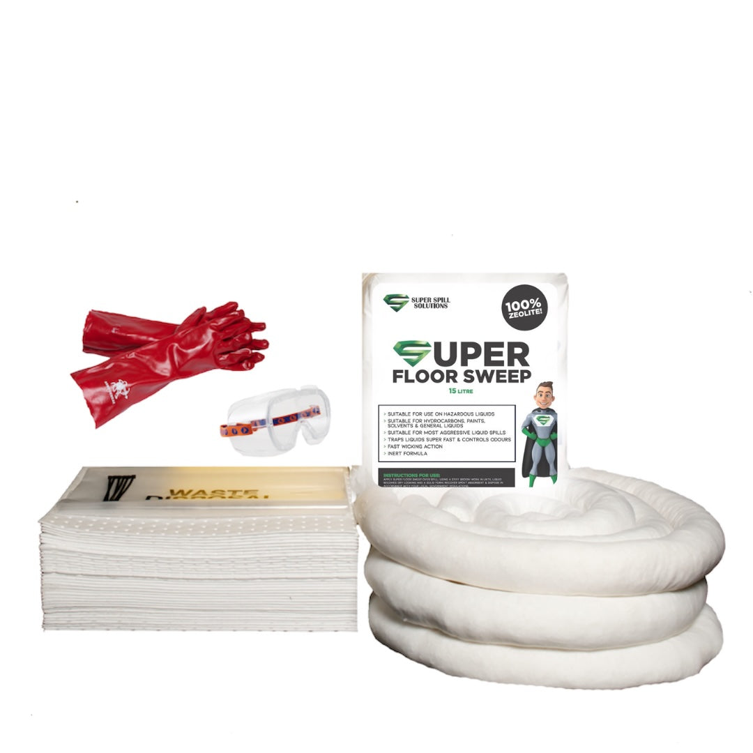 An oil and fuel spill kit refill pack displayed with various components including absorbent pads, booms, gloves, and a packaging bag.