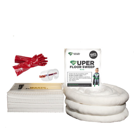 An oil and fuel spill kit refill pack displayed with various components including absorbent pads, booms, gloves, and a packaging bag.