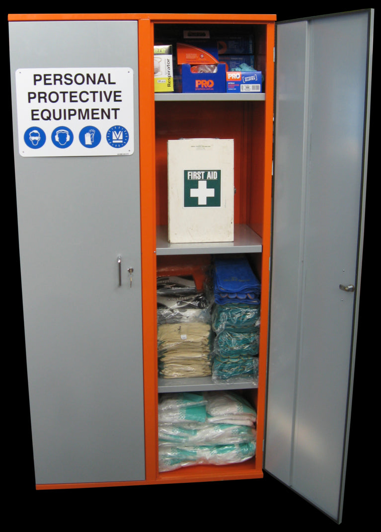 An orange PPE storage cabinet with double doors and a hanging rail, containing various personal protective equipment.