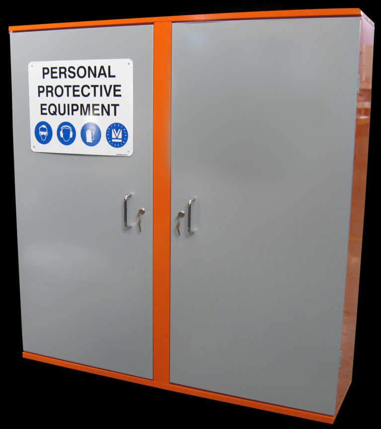 A gray PPE storage cabinet with orange double doors and a sign on the top indicating 'PERSONAL PROTECTIVE EQUIPMENT'.
