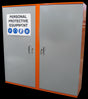 A gray PPE storage cabinet with orange double doors and a sign on the top indicating 'PERSONAL PROTECTIVE EQUIPMENT'.
