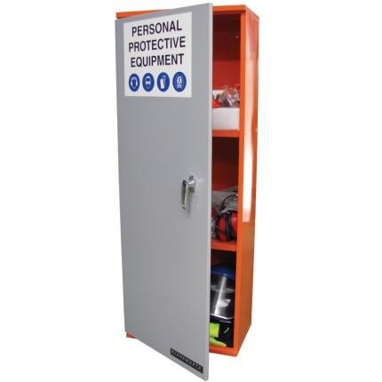 A gray PPE storage cabinet with a single large orange door, featuring a sign on the top for 'PERSONAL PROTECTIVE EQUIPMENT', with various PPE items visible on the shelves inside.