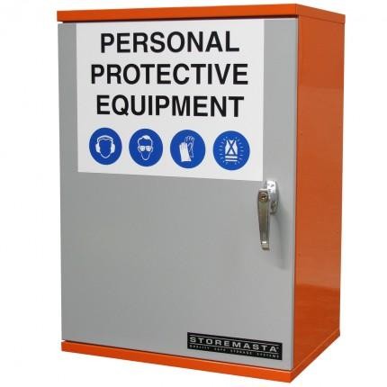 A single small door PPE storage cabinet with a personal protective equipment label on the top front, featuring a lock handle and three shelves visible through the door.