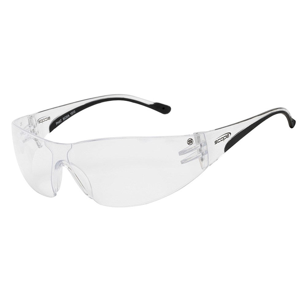 Clear lens safety glasses with a polycarbonate frame and black co-moulded temples.