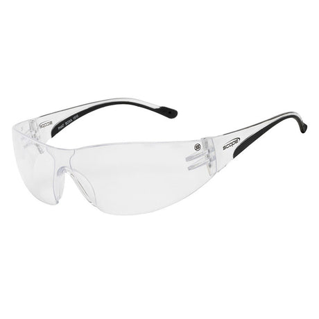 Clear lens safety glasses with a polycarbonate frame and black co-moulded temples.