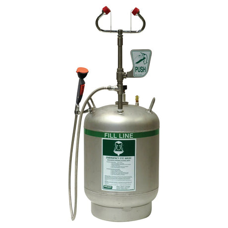 A portable pressurised eye and body wash station with a stainless steel tank, a pressure gauge, a hose, and eye wash nozzles.
