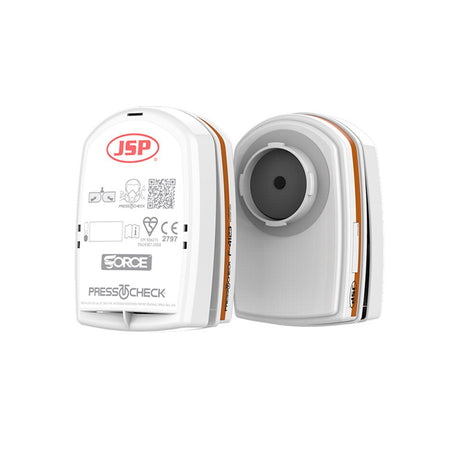 Two A2P3 organic gas / vapour + dust replacement encapsulated filters with PressToCheck technology, predominantly white with orange and black accents, designed for respirator compatibility and easy face-fit reassurance.