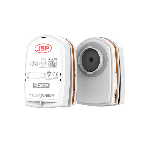 Two A2P3 organic gas / vapour + dust replacement encapsulated filters with PressToCheck technology, predominantly white with orange and black accents, designed for respirator compatibility and easy face-fit reassurance.