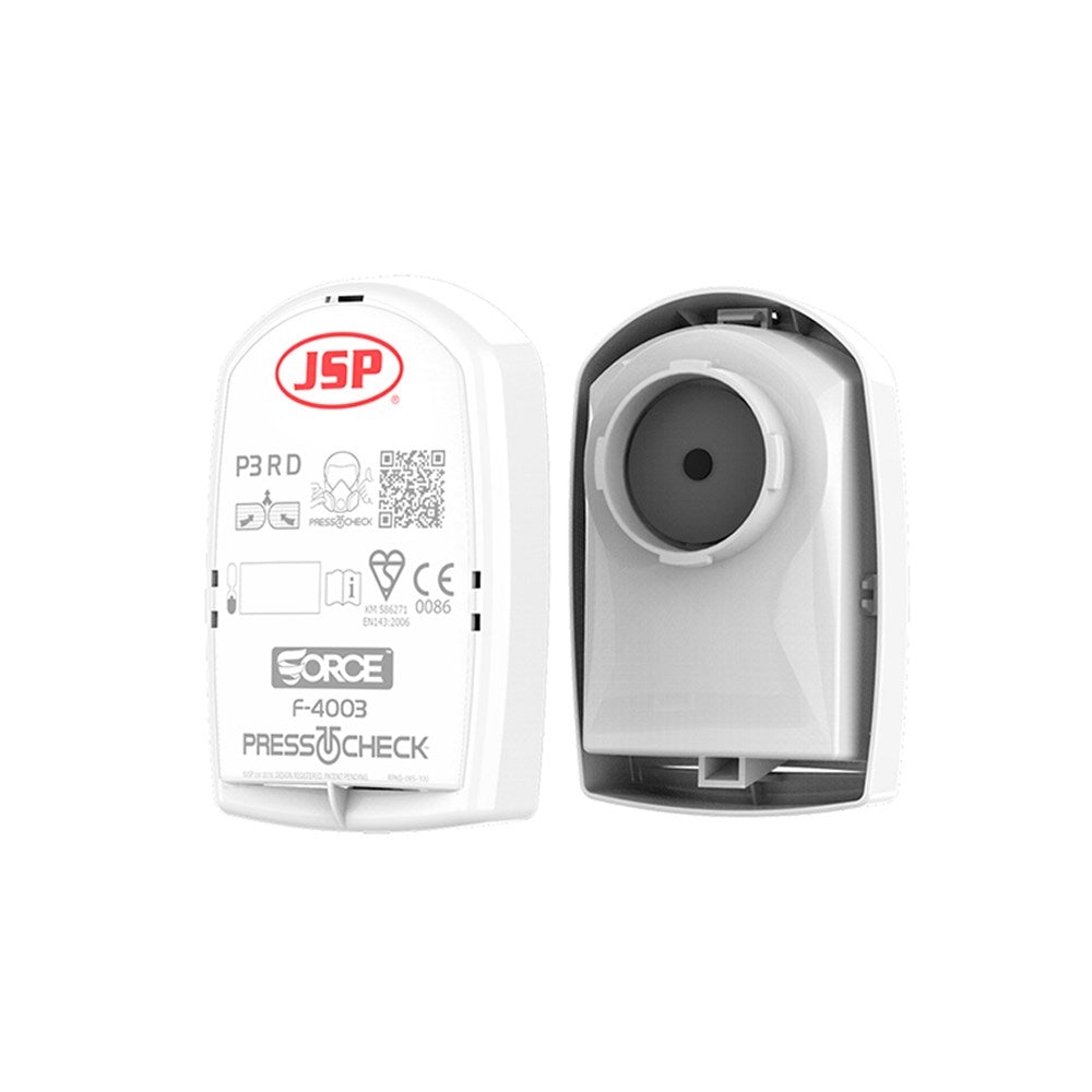 Two P3 dust encapsulated filters with PressToCheck technology, one showing the front view and the other showing the back view with certification markings.
