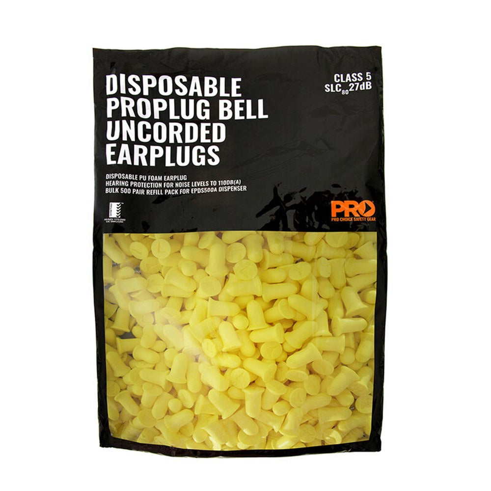 A refill bag for dispenser uncorded earplugs containing 500 pairs, with earplugs visible through the clear window.