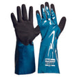 A pair of green and black nitrile safety gloves with a seamless knit liner, designed for protection against chemicals.