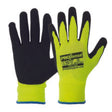 A pair of Prosense high-visibility yellow gloves with black latex foam on the palms and fingers for grip.