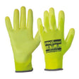 A pair of Prosense high visibility gloves with polyurethane coated palm, in yellow color.