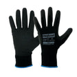 A pair of Prosense brand safety gloves, with the brand logo and name visible on the wrist area. The gloves are black with a blue trim and appear to be seamless, knitted with a coating.