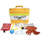 A set of emergency response tools including a yellow waterproof case with reflective strips, insulating gloves, a rescue hook, a torch, and a defibrillator pad.