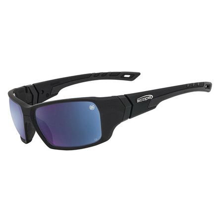 A pair of black frame sunglasses with blue mirrored lenses designed for outdoor protection.