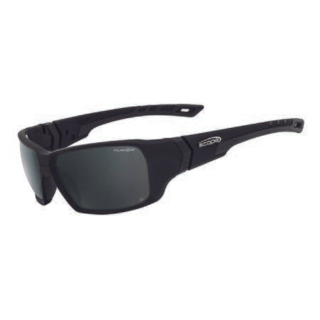 A pair of black frame sunglasses with polarized smoke lenses, designed for outdoor protection.