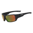 A pair of black frame sunglasses with red mirrored lenses designed for outdoor protection.