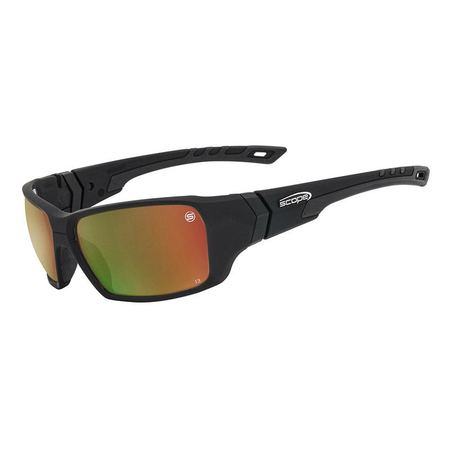 A pair of black frame sunglasses with red mirrored lenses designed for outdoor protection.