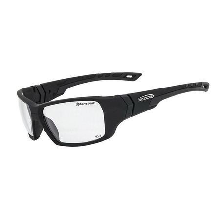 A pair of black protective eyewear with a dual-lens design, featuring a frameless style and photochromic lenses.