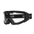 A pair of black protective eyewear goggles with a clear polycarbonate lens and adjustable elastic strap.