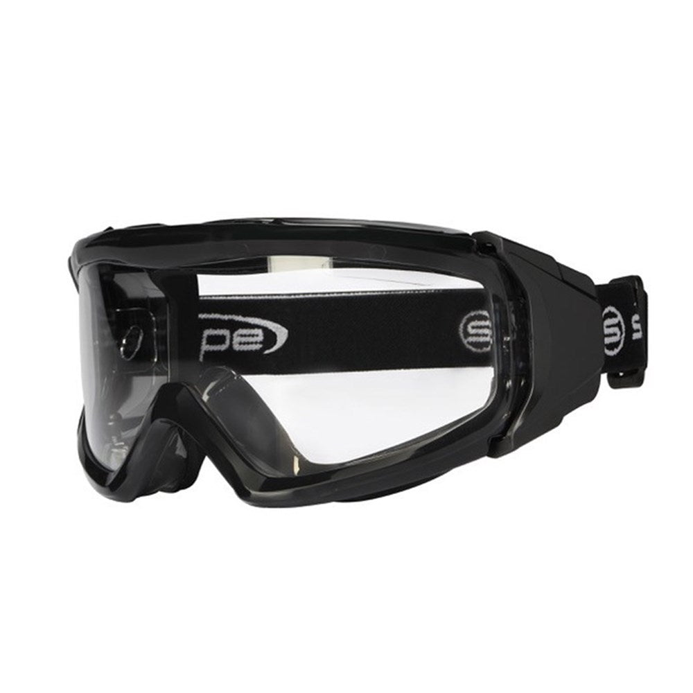 A pair of black protective eyewear goggles with a clear polycarbonate lens and adjustable elastic strap.