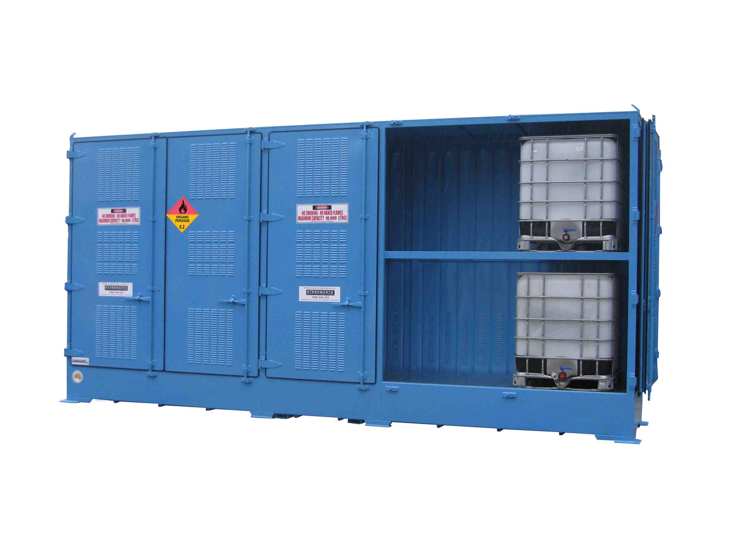 A blue Single Depth Corrosive Substance Store - 10 IBC with multiple compartments and safety labels on the front.