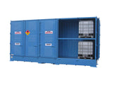 A blue Single Depth Organic Peroxide Store - 10 IBC container with multiple compartments and safety labels.