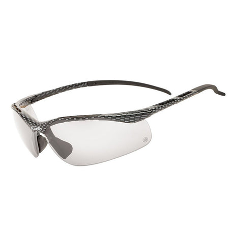 A pair of protective eyewear with a half-frame dual-lens design, featuring a carbon fibre gloss finish, rubber nose pads, and rubber temple tips.