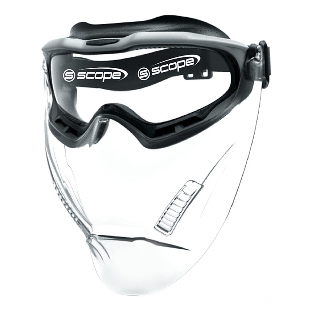 A pair of protective eyewear with a clear visor and grey frame, featuring the brand name Scope on the side.