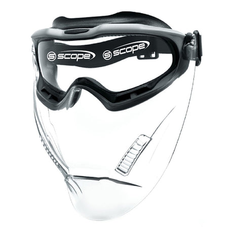 A pair of protective eyewear with a clear visor and grey frame, featuring the brand name Scope on the side.
