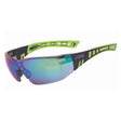 A pair of protective eyewear with a black and green frame and jade mirror lens, featuring an adjustable nose bridge and rubber temples.