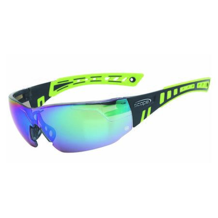 A pair of protective eyewear with a black and green frame and jade mirror lens, featuring an adjustable nose bridge and rubber temples.