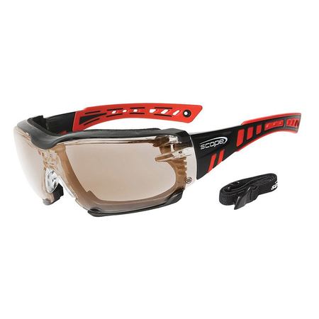 A pair of protective eyewear with a red and black frame and clear anti-fog lenses, including an adjustable elastic strap.