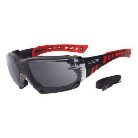 A pair of protective eyewear with a red and black frame and gray smoke lens, including an adjustable elastic strap.