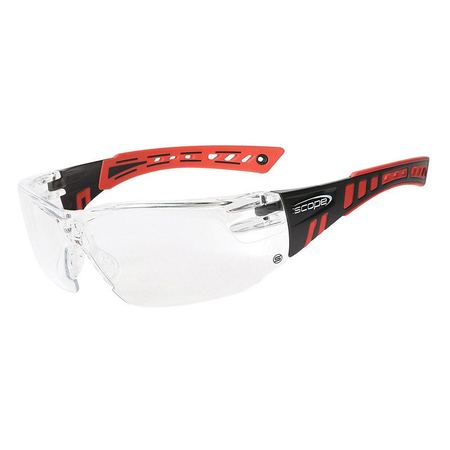 Protective eyewear with a red and black frame and clear lenses, featuring a wrap-around design.