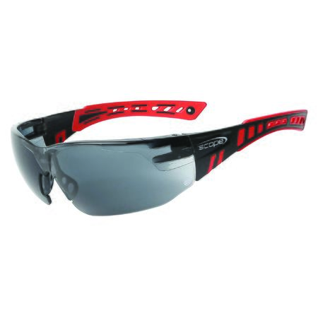A pair of protective eyewear with a red and black frame and smoke gray lens, featuring an adjustable soft PVC nose bridge and rubber temples.