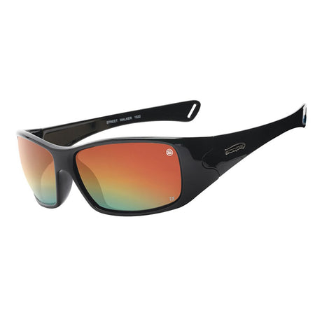 A pair of black gloss finish protective eyewear with red mirror lenses and straight-line temples.