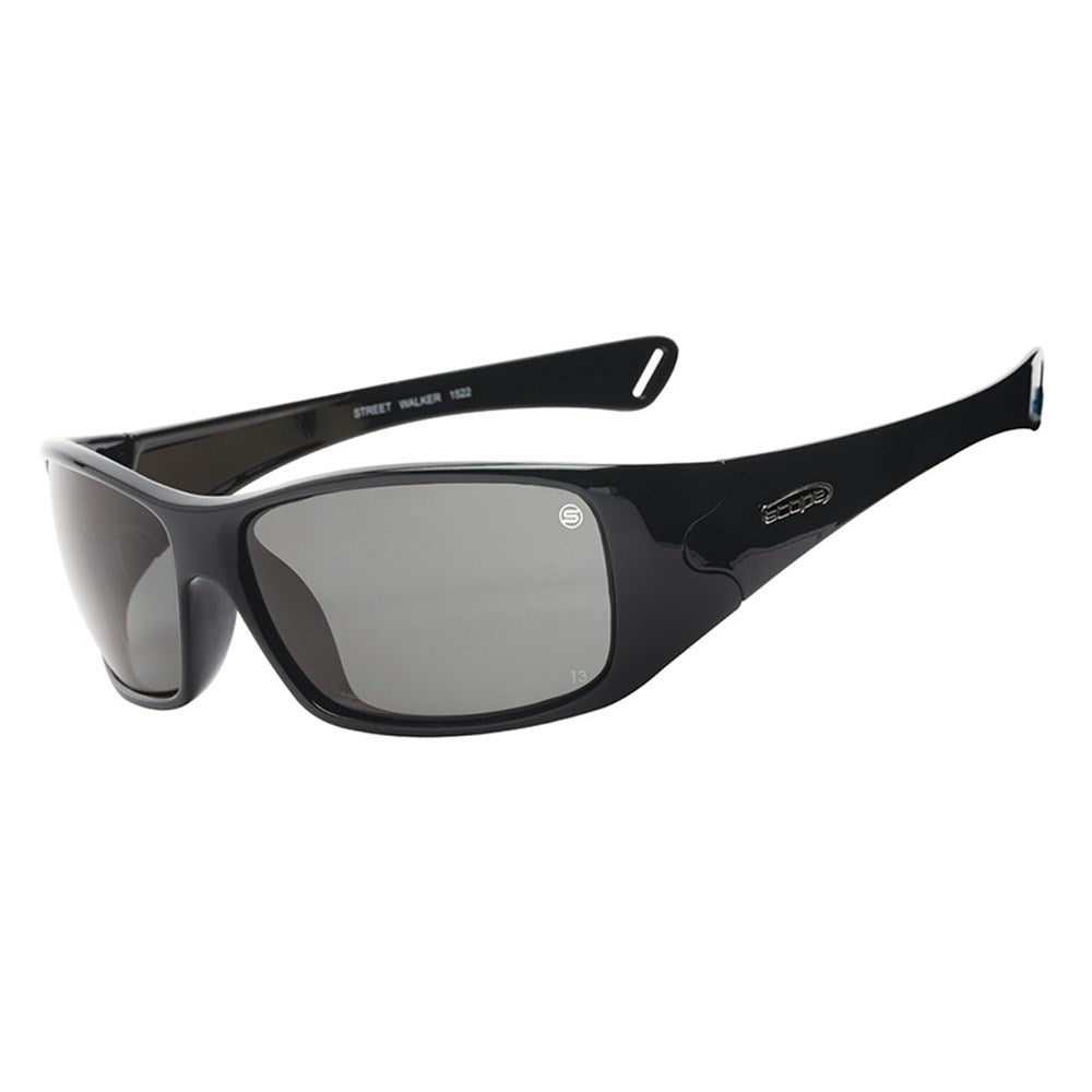 A pair of black protective eyewear with a glossy finish and smoke lenses, featuring straight-line temples and a moulded nose bridge.