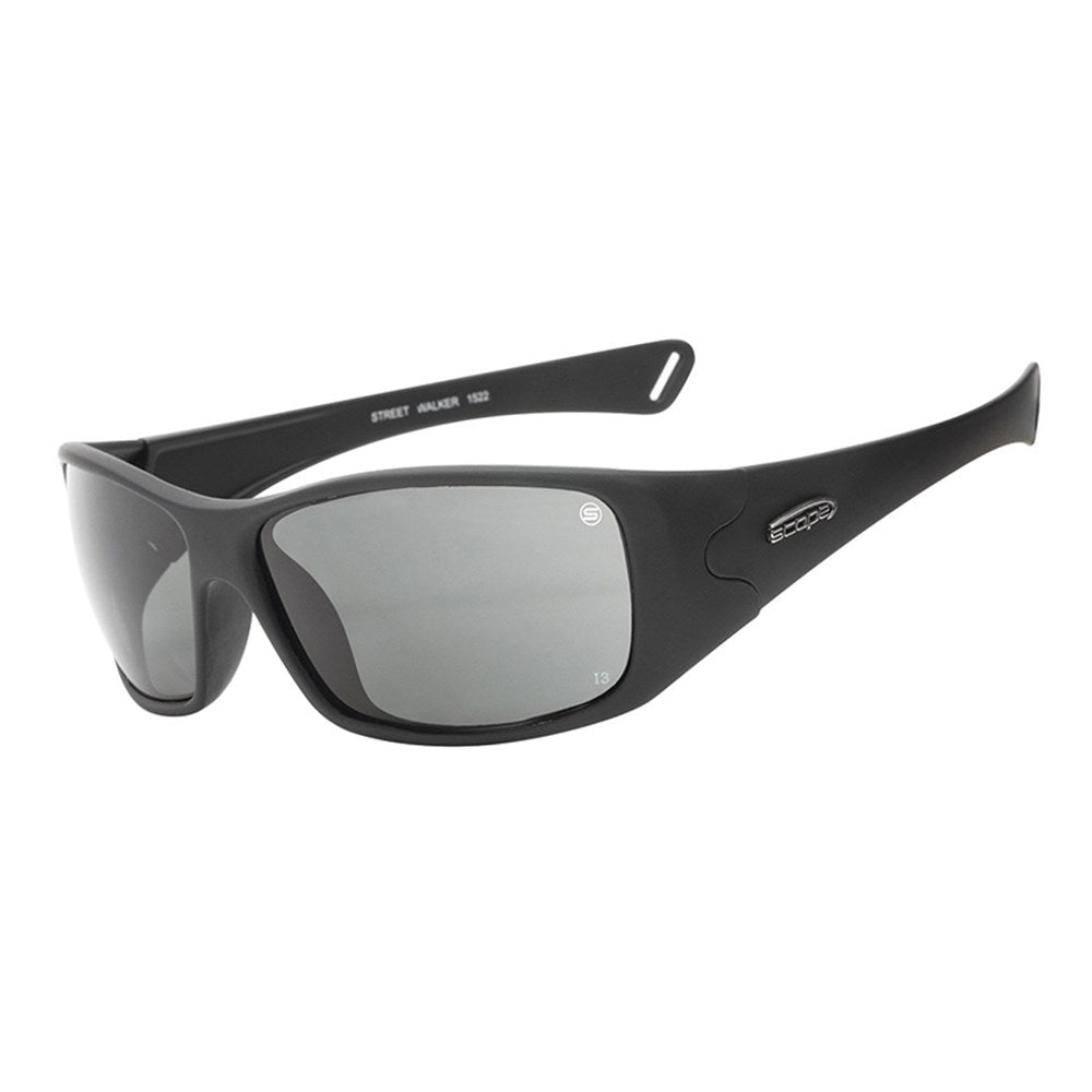 A pair of black framed protective eyewear with smoke gray lenses and straight-line temples.
