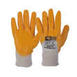 A pair of orange safety gloves with nitrile knitted wrist cuffs, designed for industrial use.