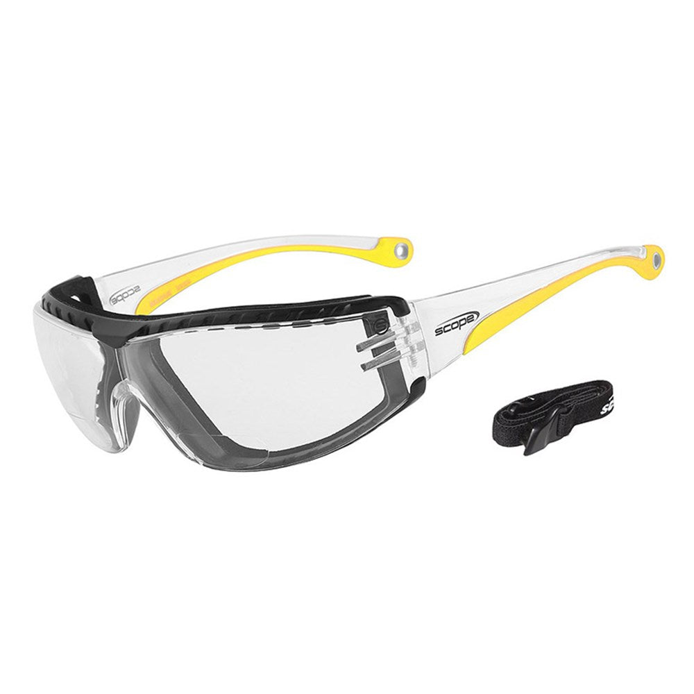 A pair of protective eyewear with a clear lens and yellow temples, featuring a one-piece wraparound design and a soft rubber gasket.