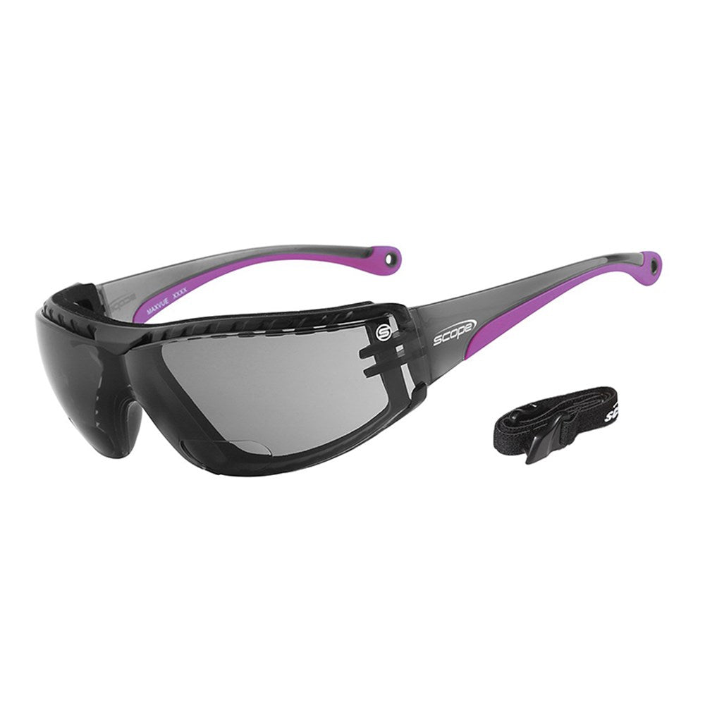 Protective eyewear with black frame and purple accents, featuring a photochromic smoke lens and an adjustable elastic strap.