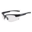 Protective eyewear with a carbon fibre finish and clear lenses, featuring a half-frame design and a rubber nose bridge.