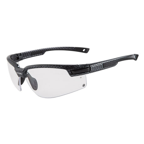 Protective eyewear with a carbon fibre finish and clear lenses, featuring a half-frame design and a rubber nose bridge.