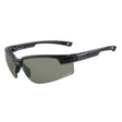 A pair of polarized sunglasses with a carbon fibre look frame and interchangeable lenses.