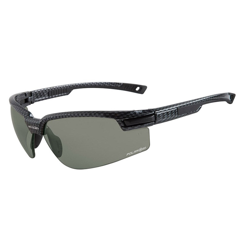 A pair of polarized sunglasses with a carbon fibre look frame and interchangeable lenses.