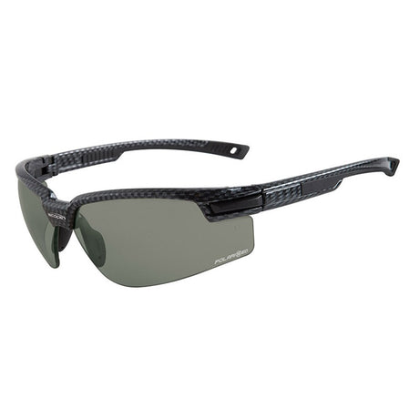 A pair of polarized sunglasses with a carbon fibre look frame and interchangeable lenses.