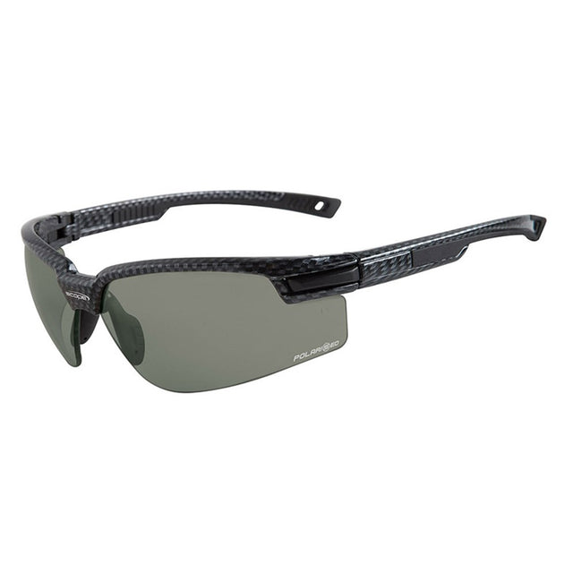 A pair of polarized sunglasses with a carbon fibre look frame and interchangeable lenses.