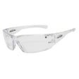 A pair of clear lens safety glasses with a polycarbonate frame, featuring anti-fog and anti-scratch coating.